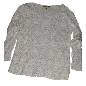 Sigrid Olsen Crochet Knit Top / cover-up Floral V Neck Long Sleeve White Size‎ L